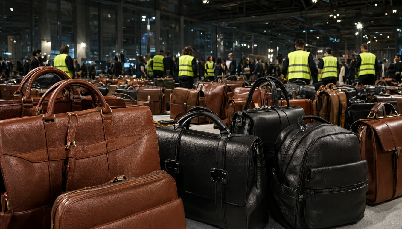 Кожаные сумки и рюкзаки в витрине на выставке Asia Bags and Cases 2026 в Гуанчжоу, где профессиональные закупщики ищут прямых производителей кожгалантереи
