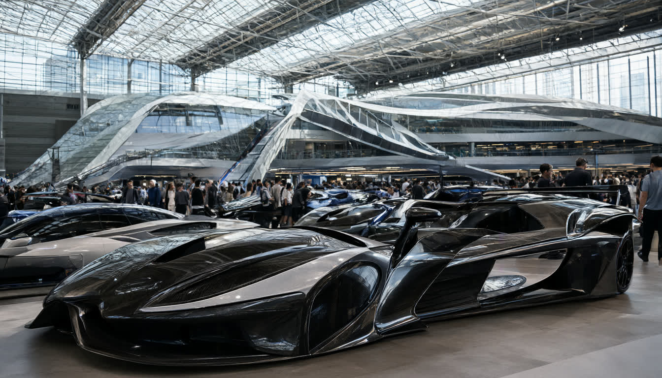 Футуристические концепт-кары и автомобили в выставочном зале Automechanika Shanghai 2026 под панорамной крышей