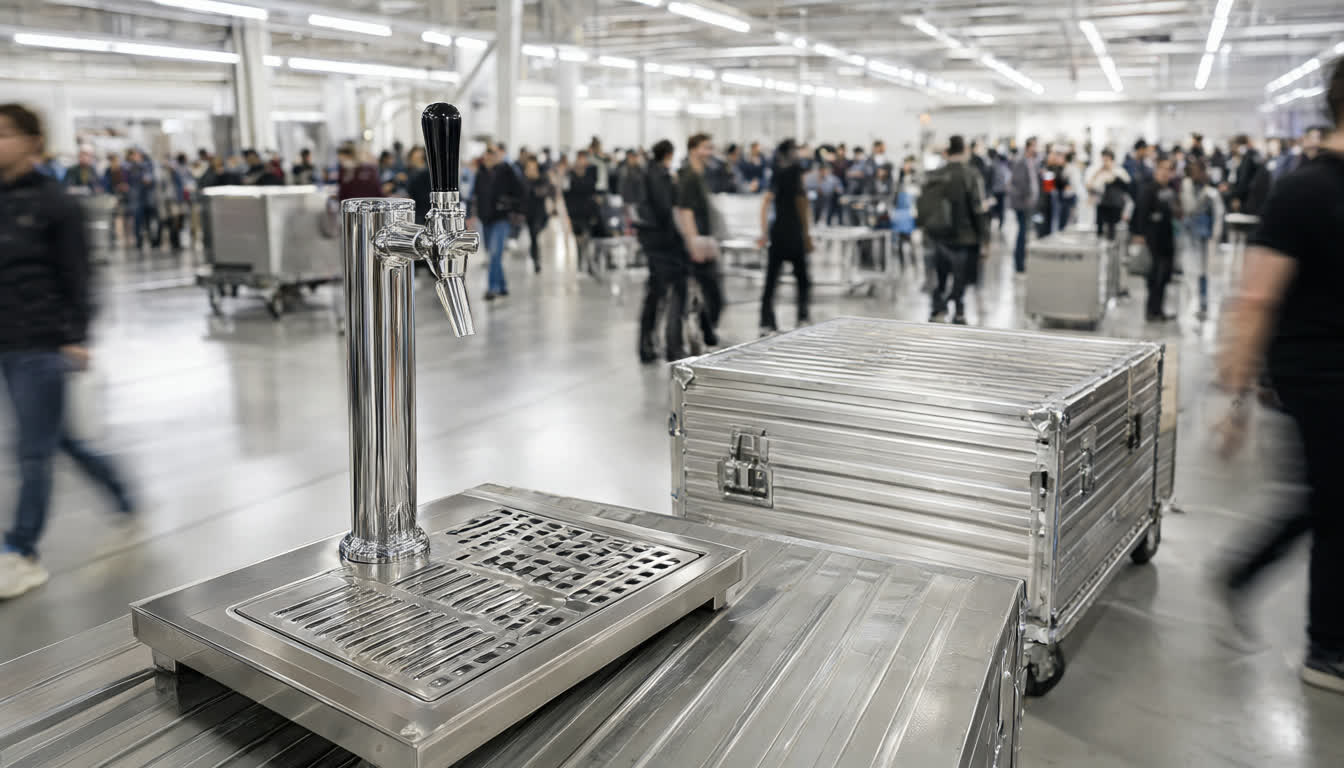Стальной разливочный кран на выставке drinktec India 2026 в Мумбаи, демонстрация промышленного оборудования для производства и розлива напитков.