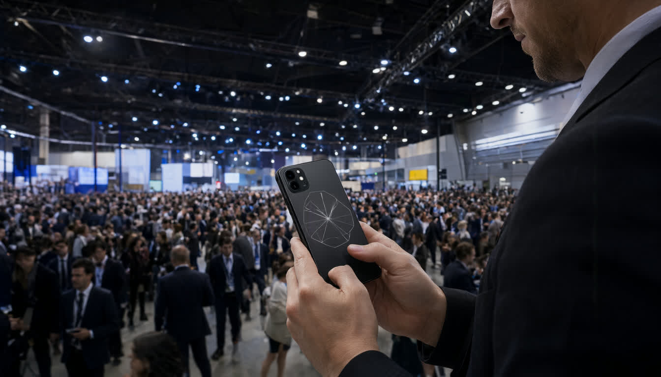 Мужчина в деловом костюме демонстрирует смартфон с абстрактным узором на фоне выставочного павильона, где проходит деловая встреча