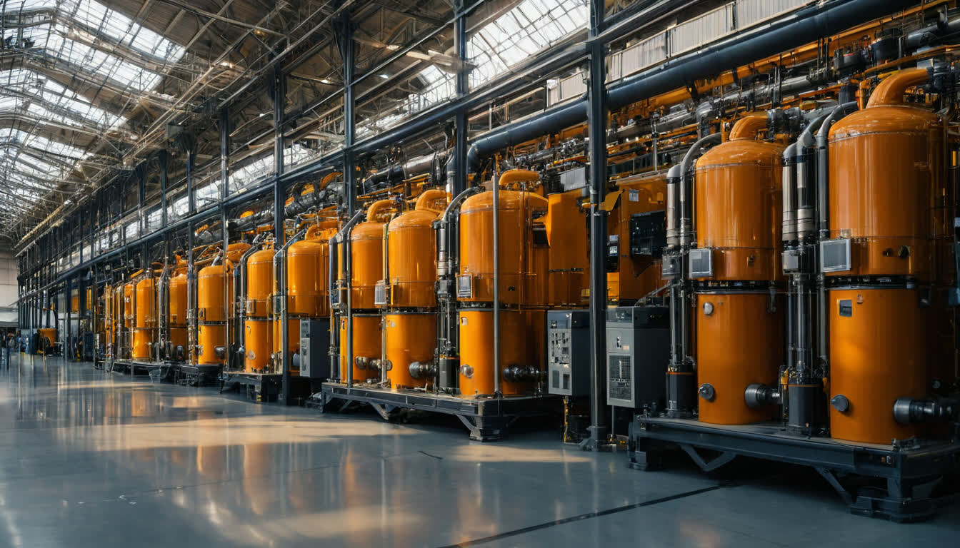 Специалисты в рабочей одежде осматривают передовые газопоршневые генераторы и модульные котлы на выставке Heat&Power 2026