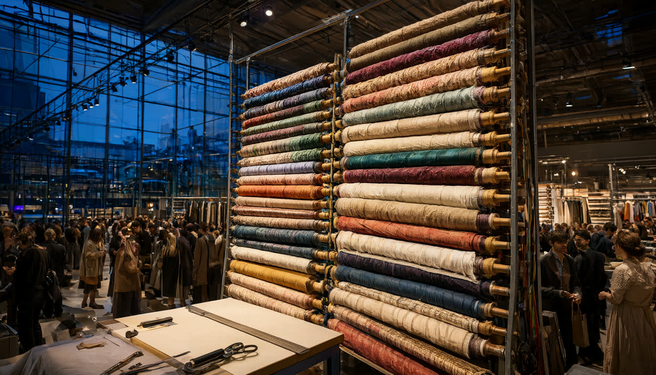 International Apparel Textile Fair 2026: современный выставочный стенд с рулонами шелка и хлопка