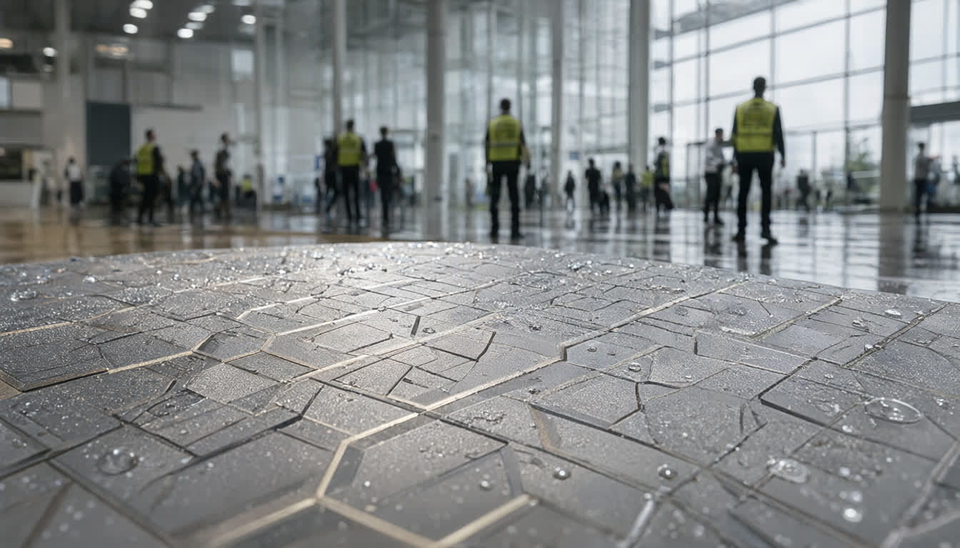 Капли воды на текстурированном материале на фоне выставочного павильона interpack China 2026 в Шанхае