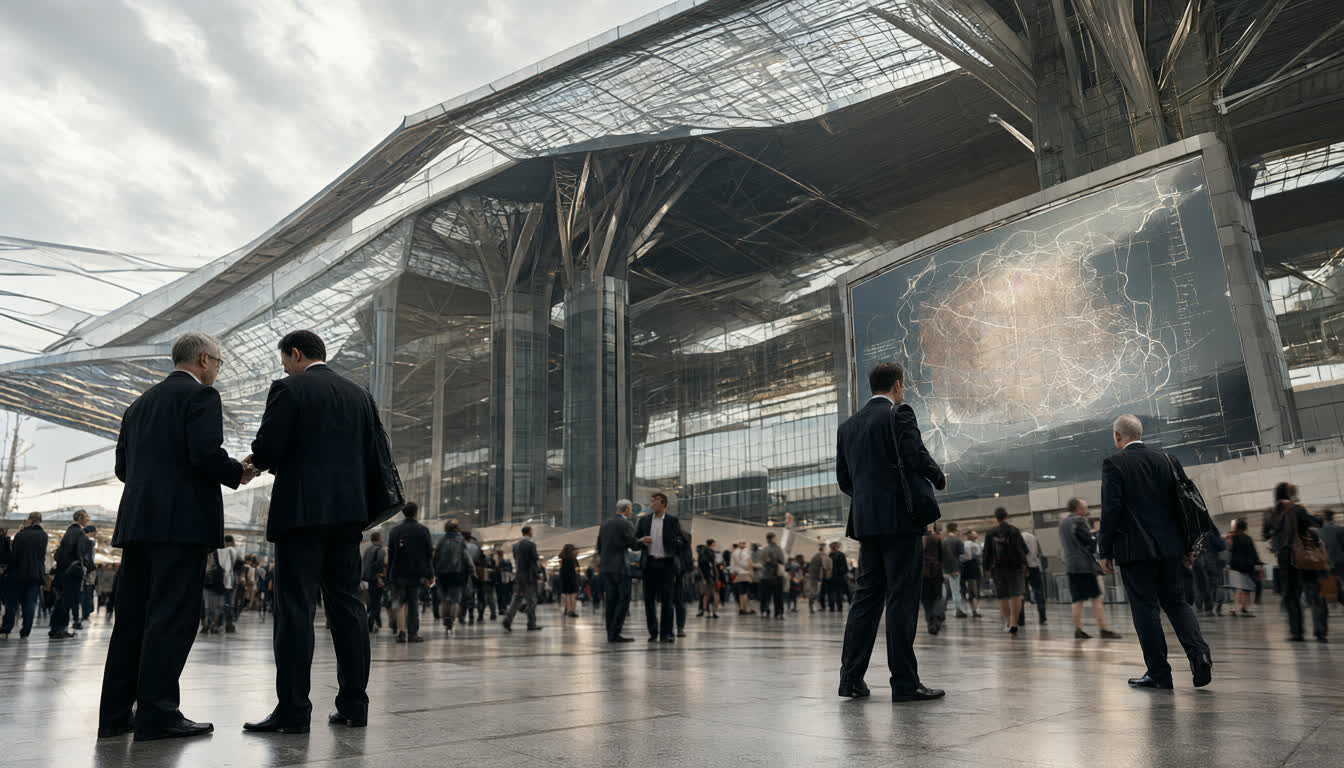 Деловые люди в костюмах общаются на выставке logitrans 2026 на фоне масштабного комплекса с прозрачным куполом