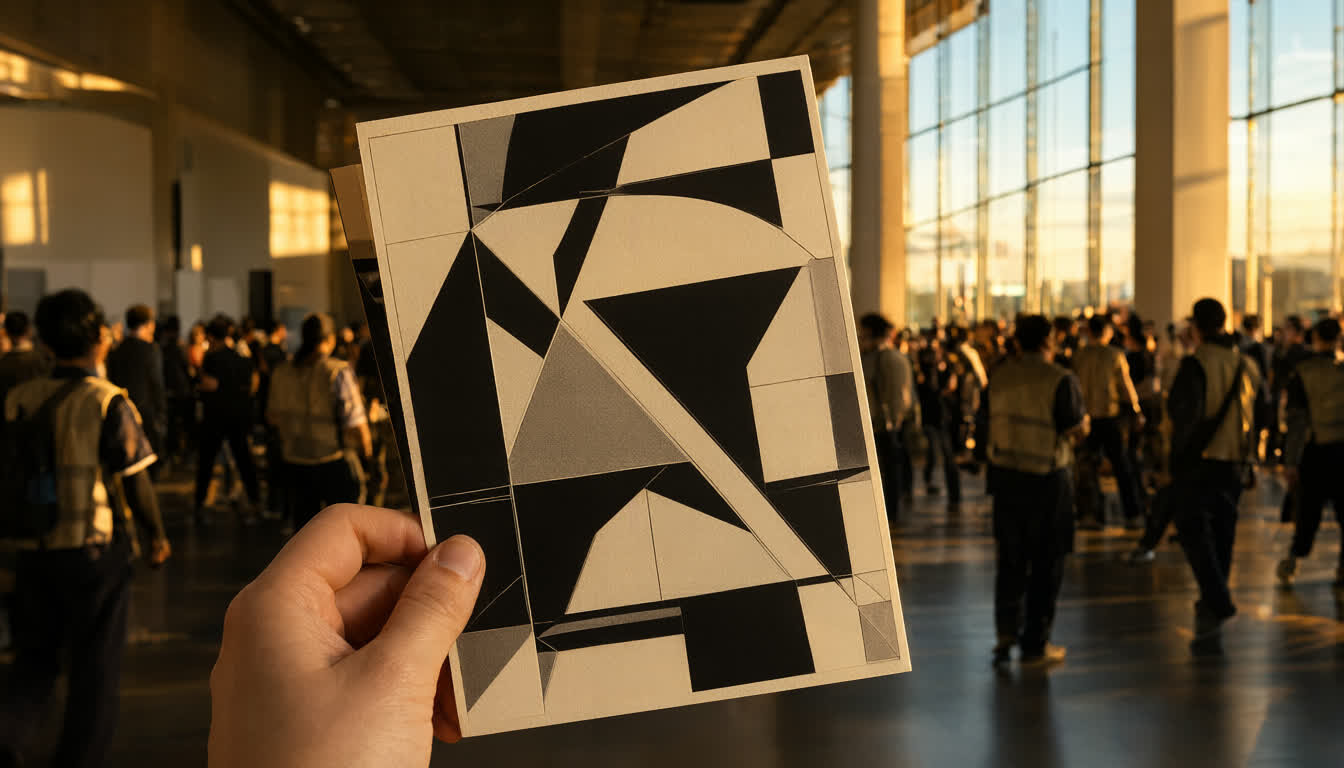 Человек демонстрирует визитку с QR-кодом на фоне выставки для иллюстрации работы генератора