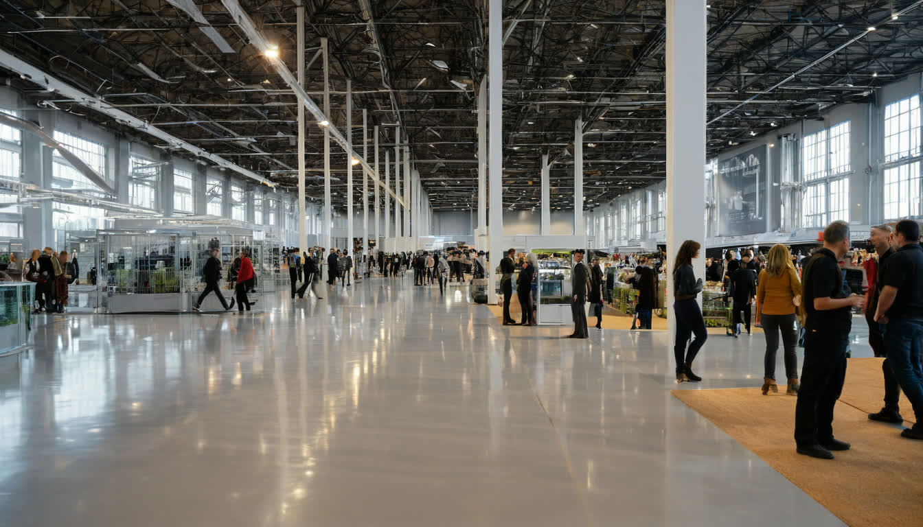 Автоматизированный робот-штабелер на выставке CeMAT Russia 2027 среди профессионалов, обменивающихся контактами в современном павильоне