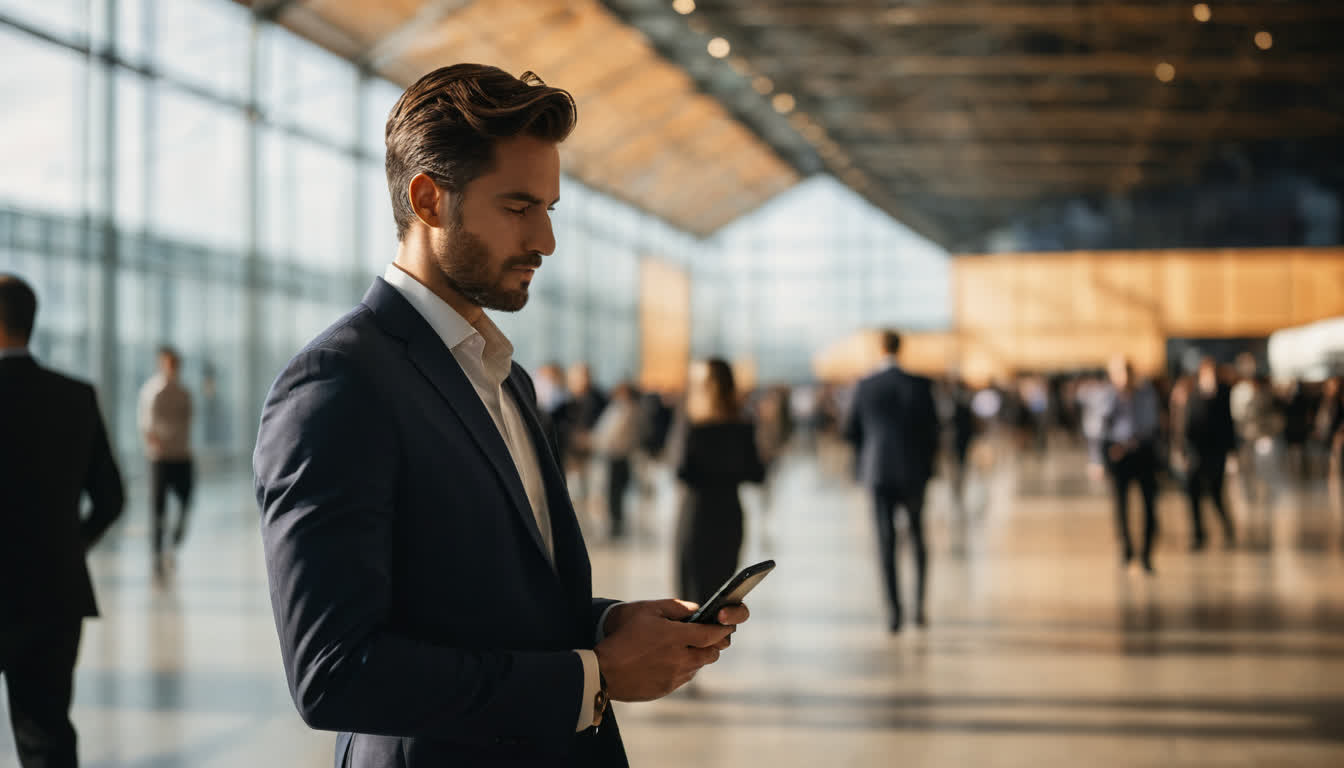 Менеджер в деловом костюме сканирует QR-код на смартфоне во время крупной деловой выставки для быстрого сбора контактов