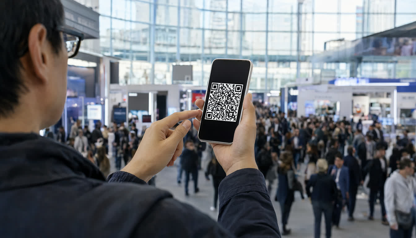 Посетитель выставки Утиликон 2026 демонстрирует электронную визитку с QR-кодом на экране смартфона в выставочном павильоне