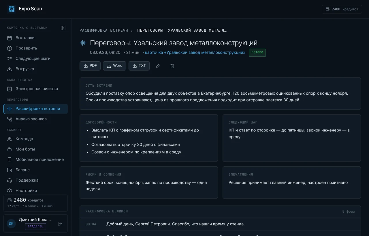 Расшифровка встречи: суть, договорённости, следующий шаг, риски и текст с таймкодами